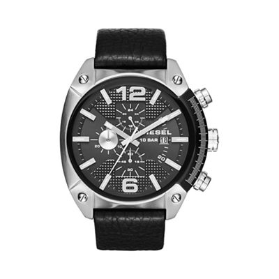 Men's 'Overflow' black dial & black leather strap watch dz4341